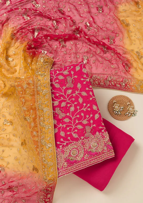 Rani_Pink_Georgette_Gold_Zardozi_Work_Unstitched_Dress_Material_With_Matching_Bottom_And_Dupatta