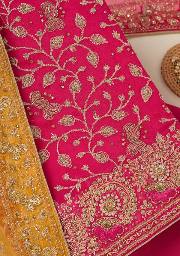 Rani_Pink_Georgette_Gold_Zardozi_Work_Unstitched_Dress_Material_With_Matching_Bottom_And_Dupatta