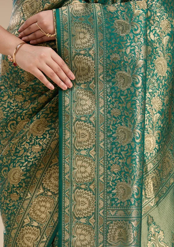 Bottle_Green_Silk_Jaal_Zariwork_Saree_With_Matching_Blouse_Piece