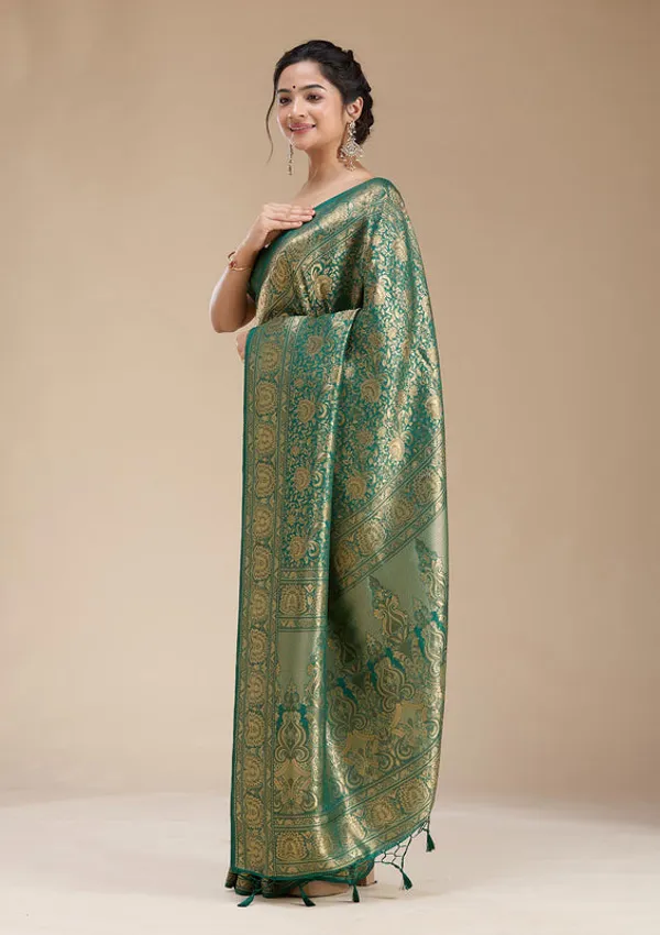 Bottle_Green_Silk_Jaal_Zariwork_Saree_With_Matching_Blouse_Piece