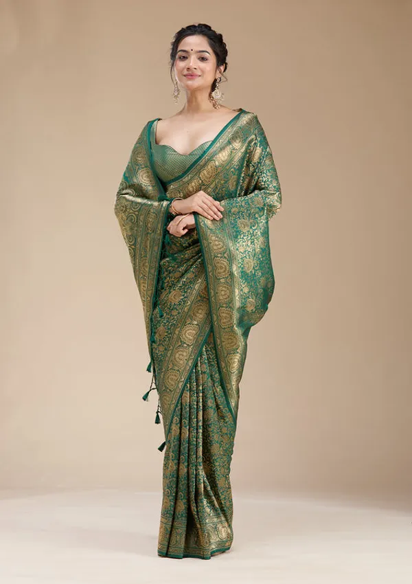 Bottle_Green_Silk_Jaal_Zariwork_Saree_With_Matching_Blouse_Piece