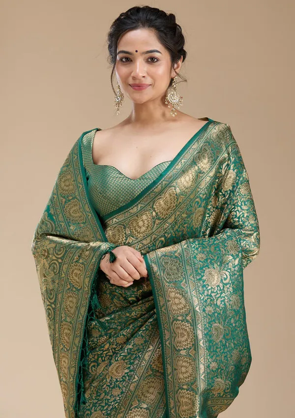 Bottle_Green_Silk_Jaal_Zariwork_Saree_With_Matching_Blouse_Piece