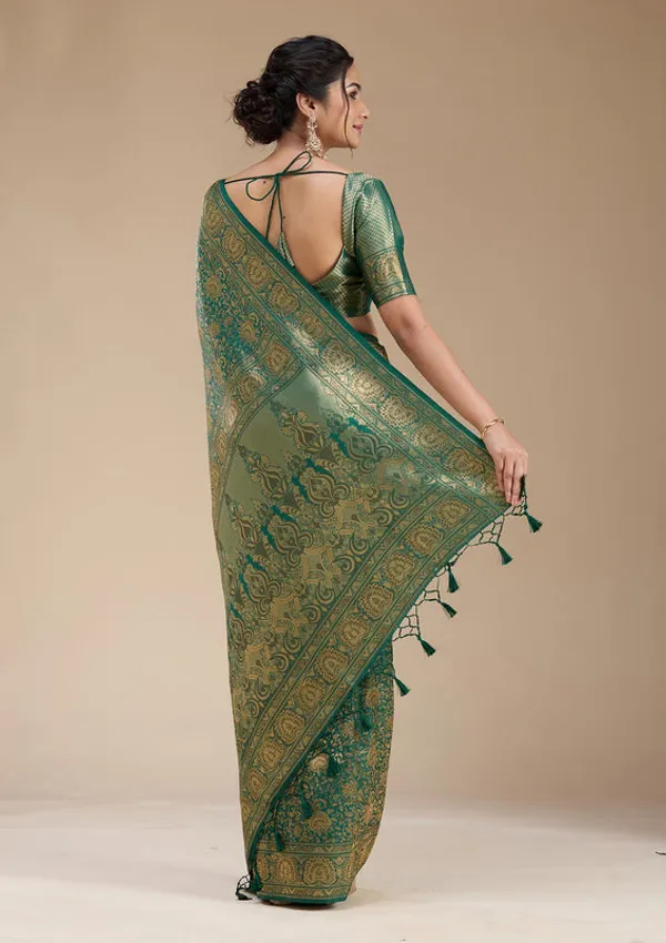 Bottle_Green_Silk_Jaal_Zariwork_Saree_With_Matching_Blouse_Piece