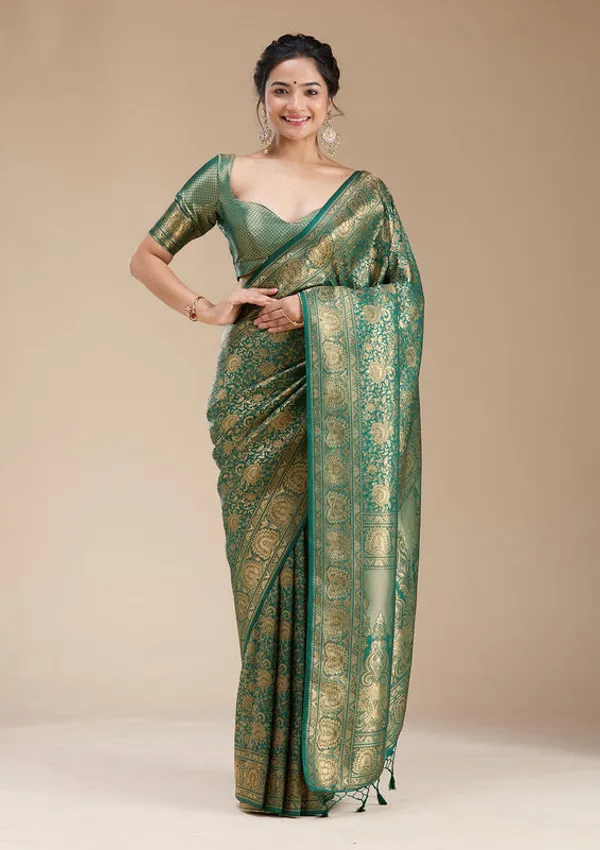 Bottle_Green_Silk_Jaal_Zariwork_Saree_With_Matching_Blouse_Piece