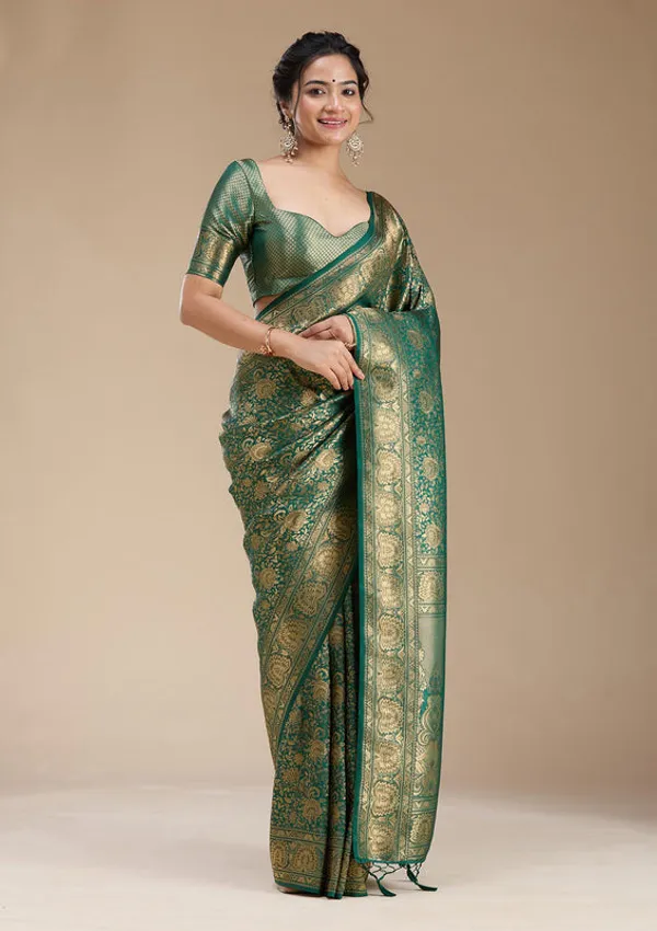 Bottle_Green_Silk_Jaal_Zariwork_Saree_With_Matching_Blouse_Piece