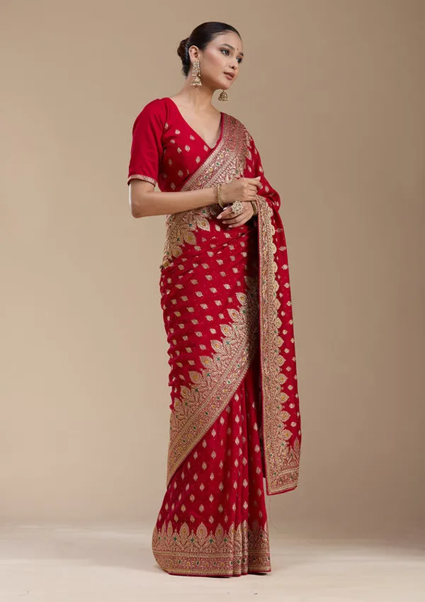 Red_Soft_Raw_Silk_Gold_Zariwork_Saree_With_Matching_Blouse_Piece