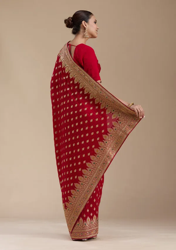 Red_Soft_Raw_Silk_Gold_Zariwork_Saree_With_Matching_Blouse_Piece