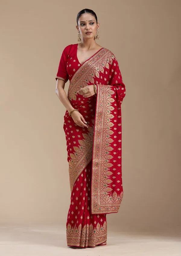 Red_Soft_Raw_Silk_Gold_Zariwork_Saree_With_Matching_Blouse_Piece