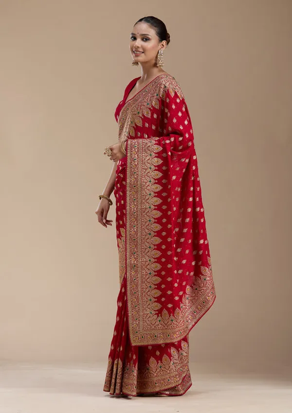 Red_Soft_Raw_Silk_Gold_Zariwork_Saree_With_Matching_Blouse_Piece