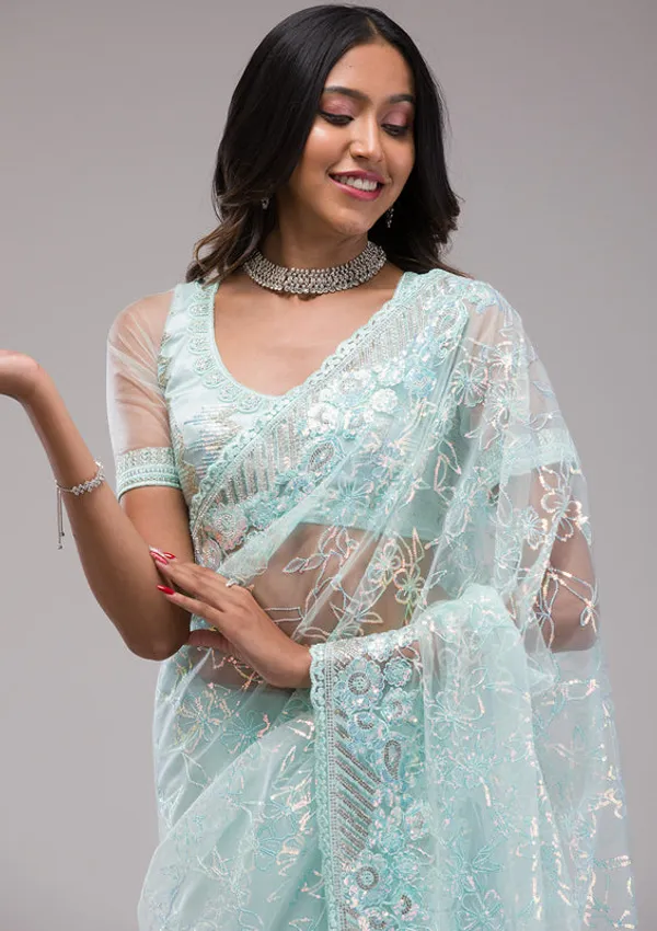 Sky_Blue_Net_Sequins_Saree_With_Matching_Blouse_Piece