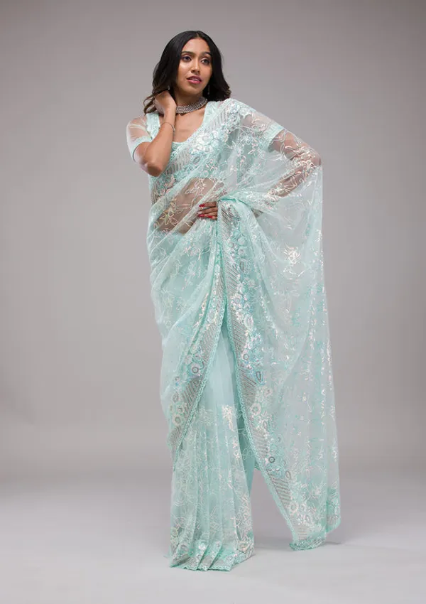 Sky_Blue_Net_Sequins_Saree_With_Matching_Blouse_Piece