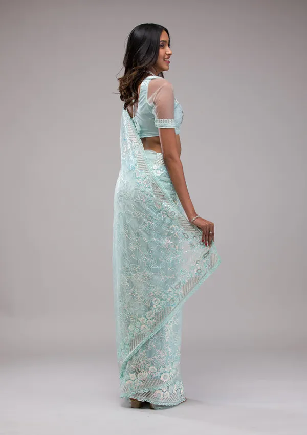 Sky_Blue_Net_Sequins_Saree_With_Matching_Blouse_Piece
