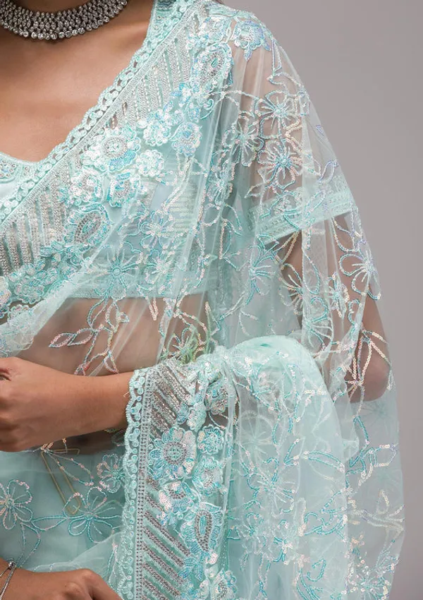 Sky_Blue_Net_Sequins_Saree_With_Matching_Blouse_Piece