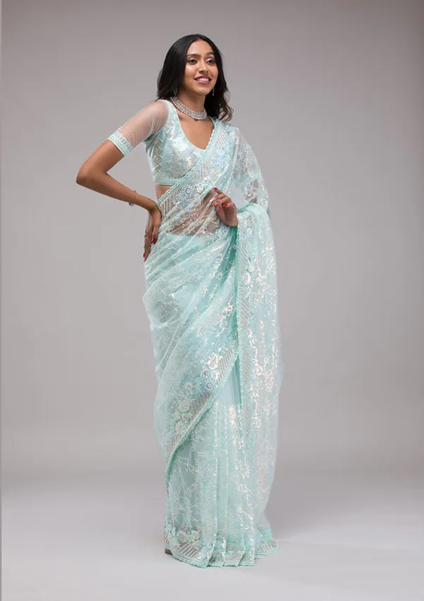 Sky_Blue_Net_Sequins_Saree_With_Matching_Blouse_Piece