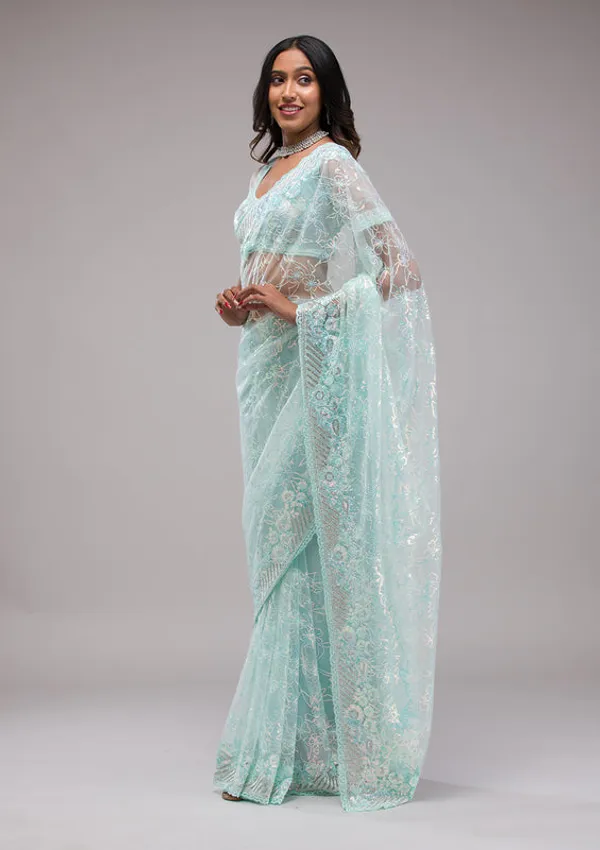 Sky_Blue_Net_Sequins_Saree_With_Matching_Blouse_Piece