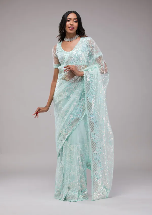 Sky_Blue_Net_Sequins_Saree_With_Matching_Blouse_Piece