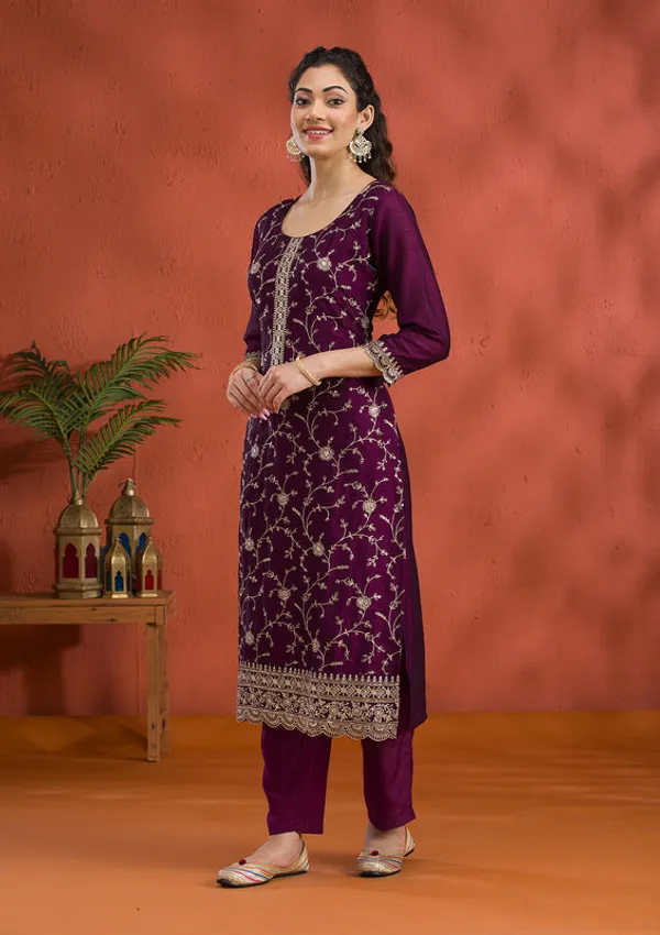 Purple_Soft_Raw_Silk_Gold_Zariwork_Straight_Kurta_With_Pant_Regular_And_Dupatta