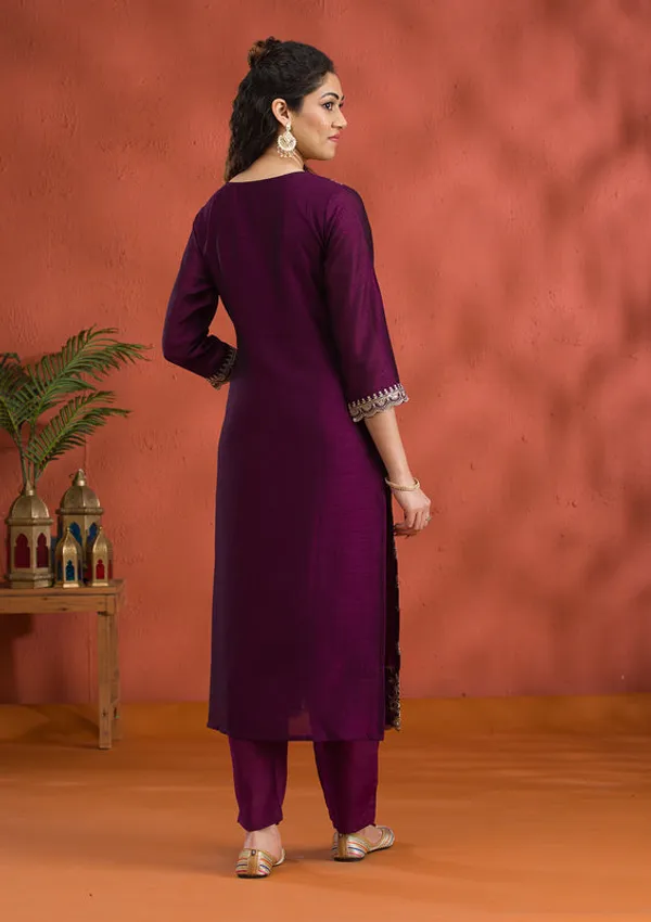 Purple_Soft_Raw_Silk_Gold_Zariwork_Straight_Kurta_With_Pant_Regular_And_Dupatta