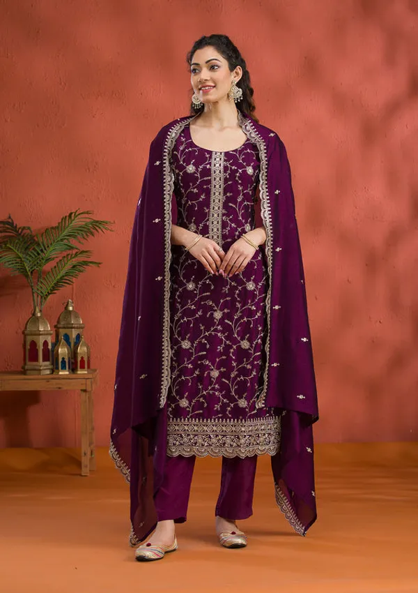 Purple_Soft_Raw_Silk_Gold_Zariwork_Straight_Kurta_With_Pant_Regular_And_Dupatta