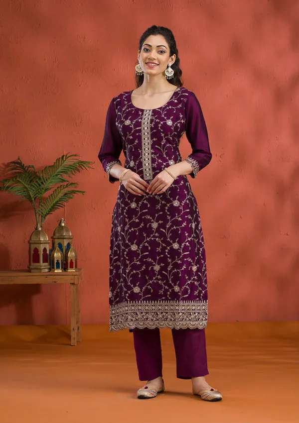 Purple_Soft_Raw_Silk_Gold_Zariwork_Straight_Kurta_With_Pant_Regular_And_Dupatta