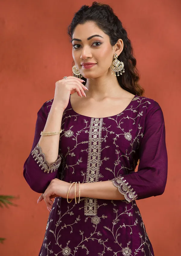 Purple_Soft_Raw_Silk_Gold_Zariwork_Straight_Kurta_With_Pant_Regular_And_Dupatta