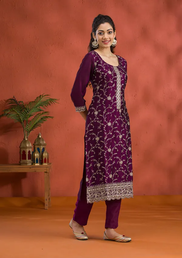 Purple_Soft_Raw_Silk_Gold_Zariwork_Straight_Kurta_With_Pant_Regular_And_Dupatta