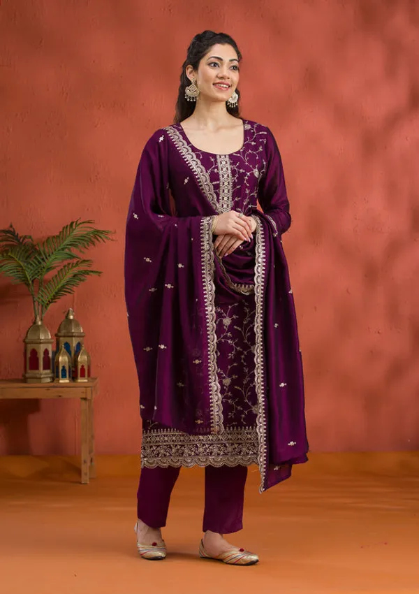 Purple_Soft_Raw_Silk_Gold_Zariwork_Straight_Kurta_With_Pant_Regular_And_Dupatta