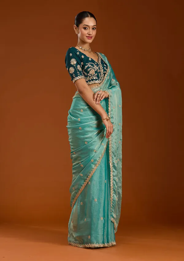 Sea_Green_Tissue_Cording_Saree_With_Matching_Blouse_Piece