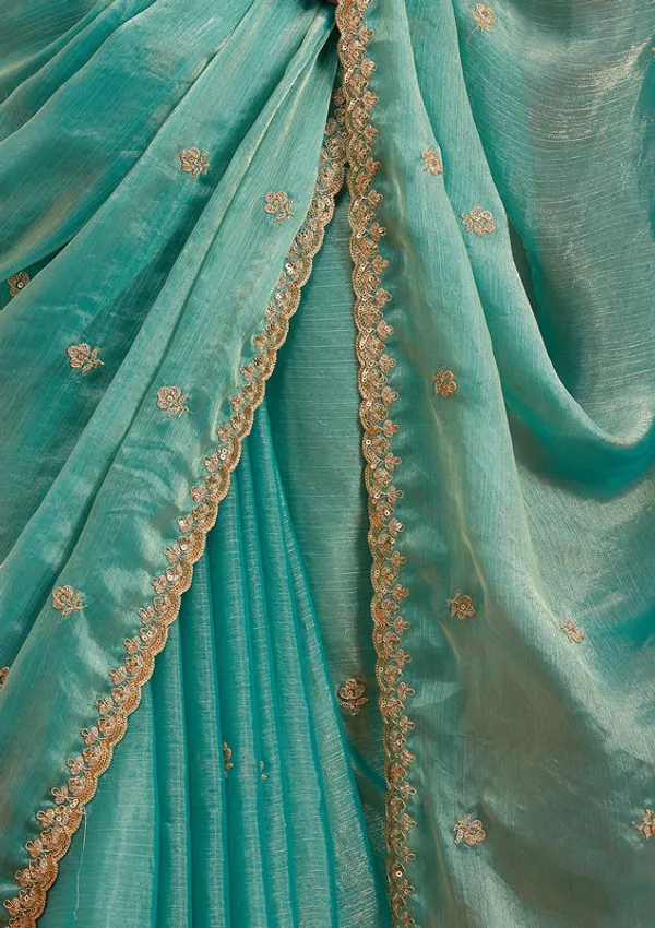 Sea_Green_Tissue_Cording_Saree_With_Matching_Blouse_Piece