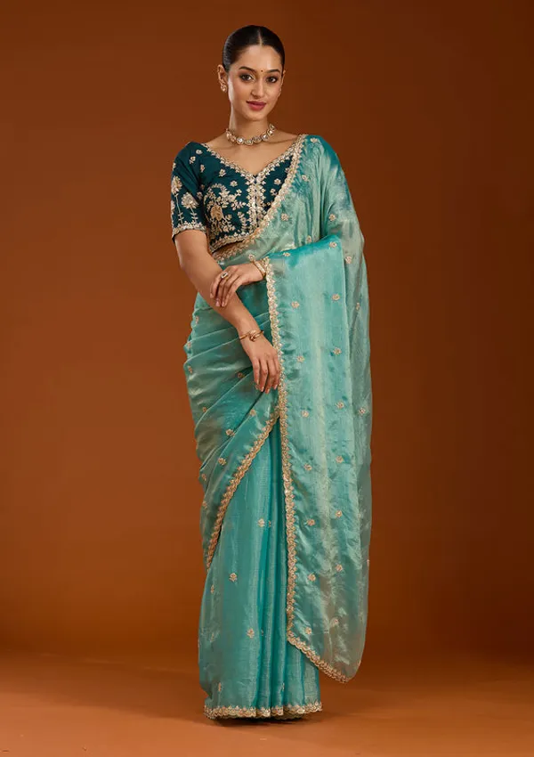 Sea_Green_Tissue_Cording_Saree_With_Matching_Blouse_Piece