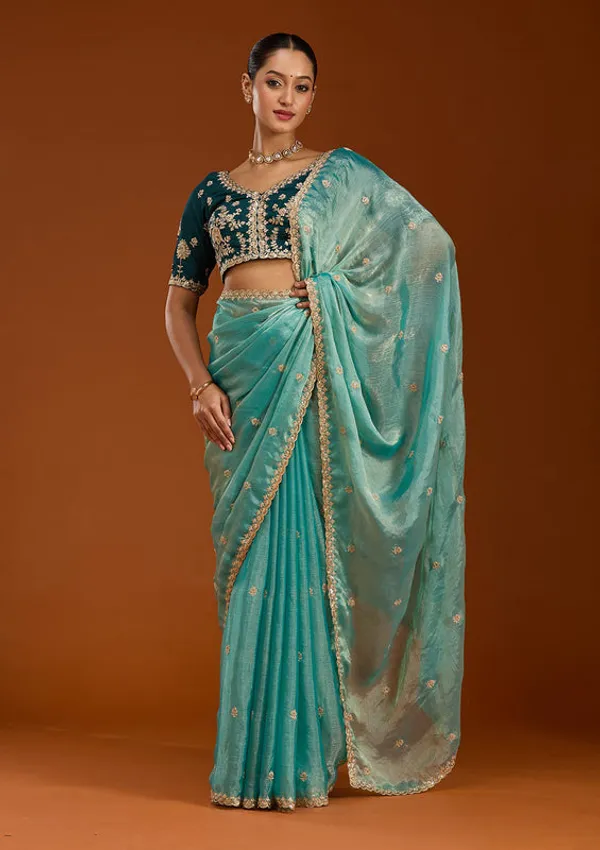 Sea_Green_Tissue_Cording_Saree_With_Matching_Blouse_Piece