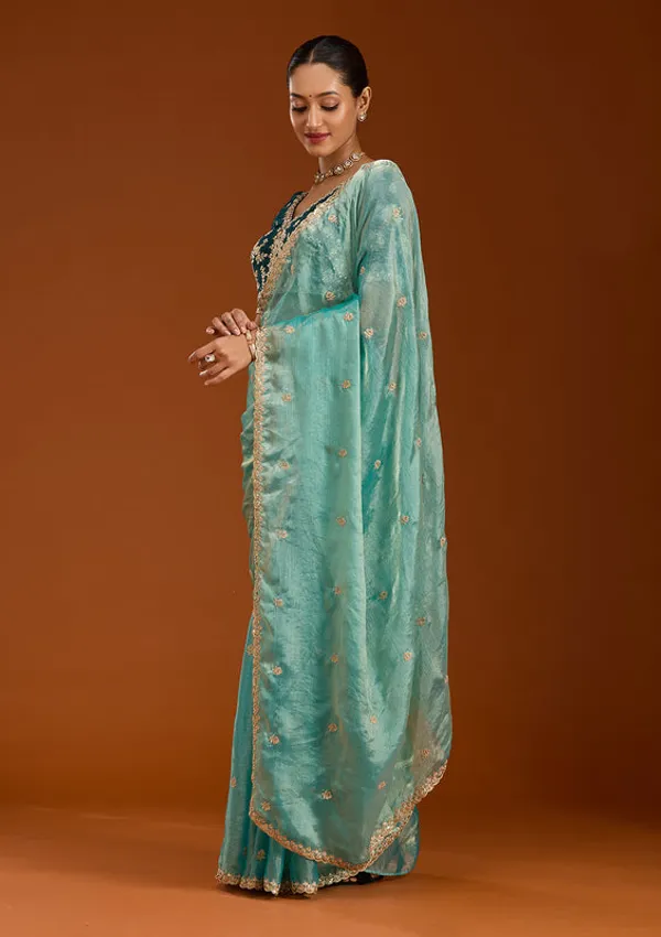 Sea_Green_Tissue_Cording_Saree_With_Matching_Blouse_Piece