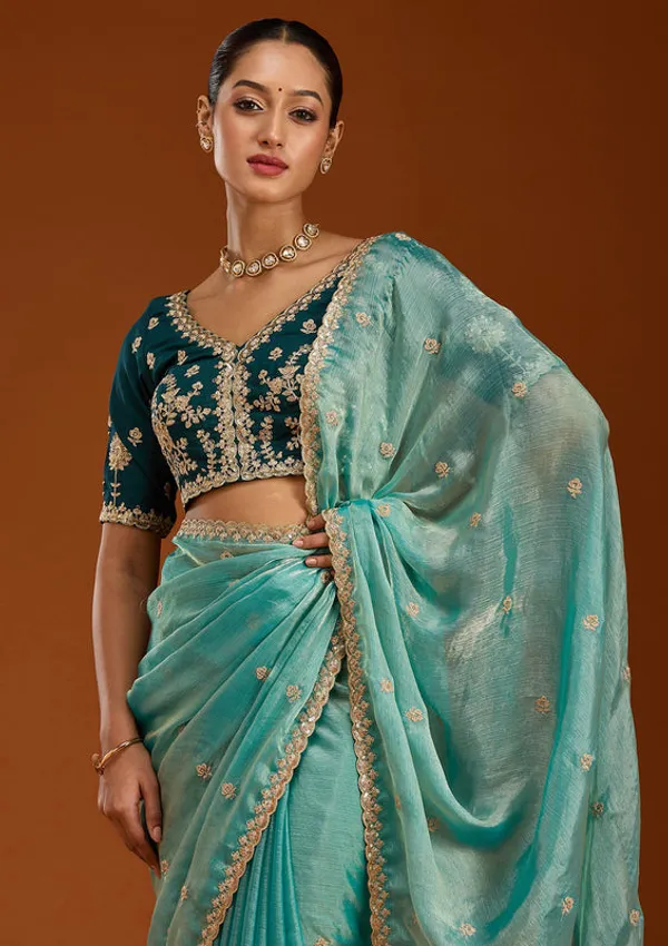 Sea_Green_Tissue_Cording_Saree_With_Matching_Blouse_Piece