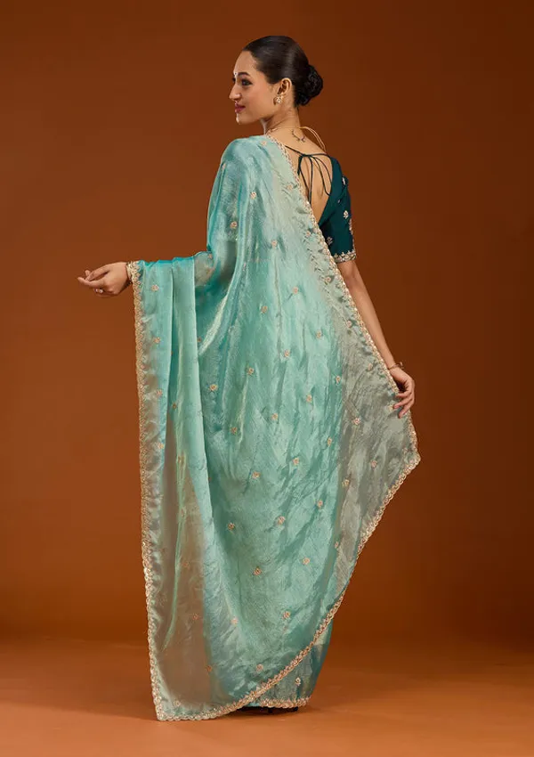 Sea_Green_Tissue_Cording_Saree_With_Matching_Blouse_Piece