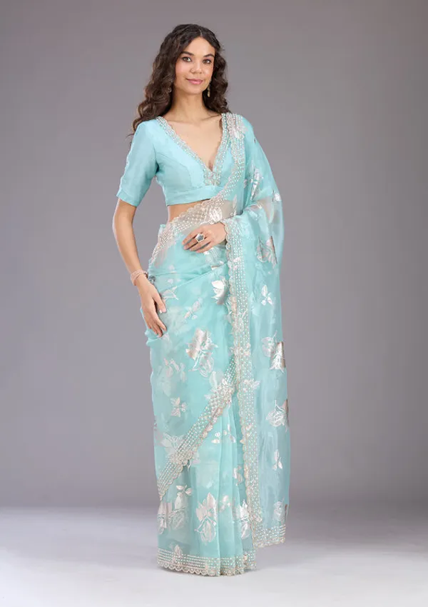 Sea_Green_Organza_Gold_Stonework_Saree_With_Matching_Blouse_Piece