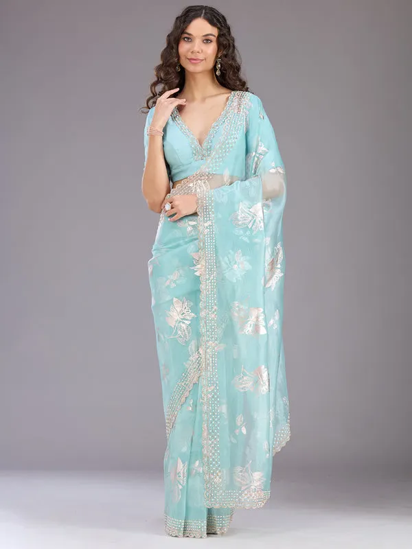 Sea_Green_Organza_Gold_Stonework_Saree_With_Matching_Blouse_Piece