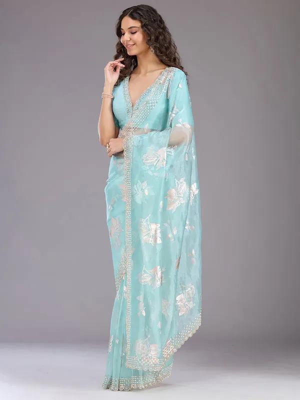 Sea_Green_Organza_Gold_Stonework_Saree_With_Matching_Blouse_Piece