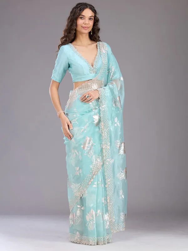Sea_Green_Organza_Gold_Stonework_Saree_With_Matching_Blouse_Piece