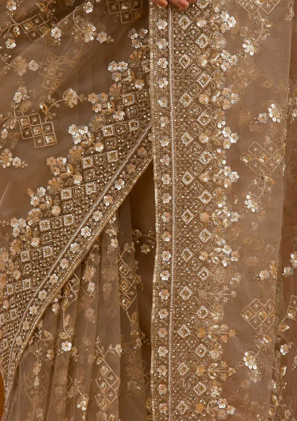 Beige_Net_Cording_Saree_With_Matching_Blouse_Piece
