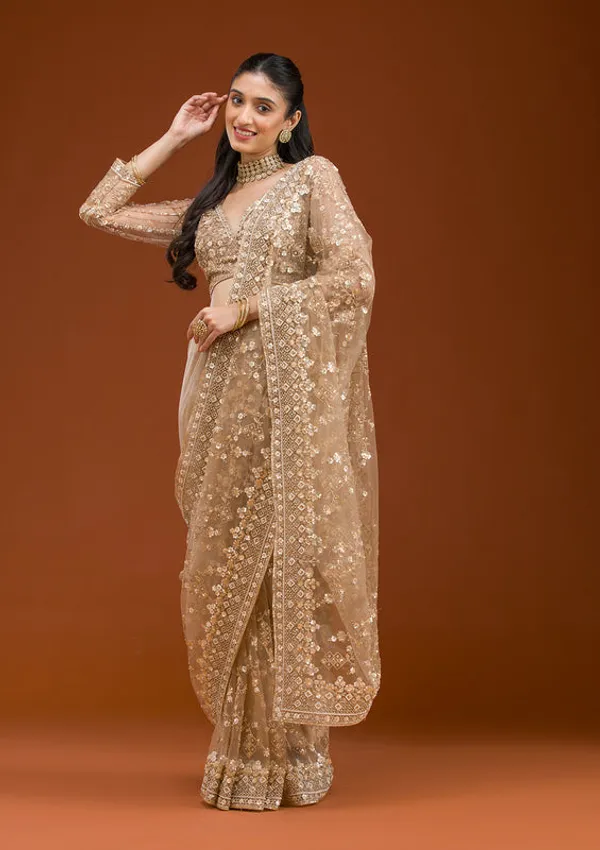 Beige_Net_Cording_Saree_With_Matching_Blouse_Piece