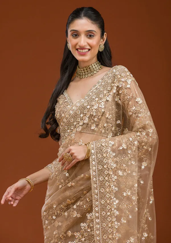 Beige_Net_Cording_Saree_With_Matching_Blouse_Piece
