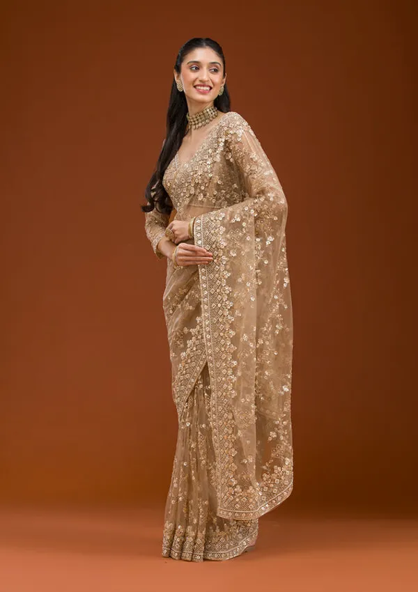 Beige_Net_Cording_Saree_With_Matching_Blouse_Piece