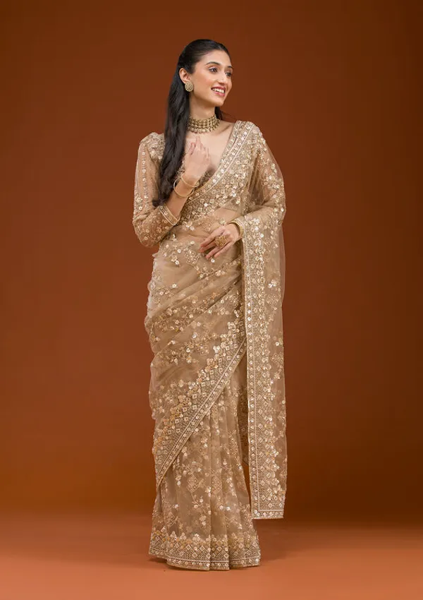 Beige_Net_Cording_Saree_With_Matching_Blouse_Piece