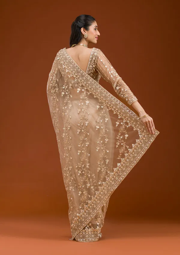 Beige_Net_Cording_Saree_With_Matching_Blouse_Piece