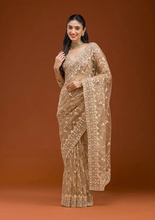 Beige_Net_Cording_Saree_With_Matching_Blouse_Piece
