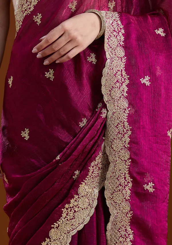 Wine_Tissue_Gold_Zariwork_Saree_With_Matching_Blouse_Piece
