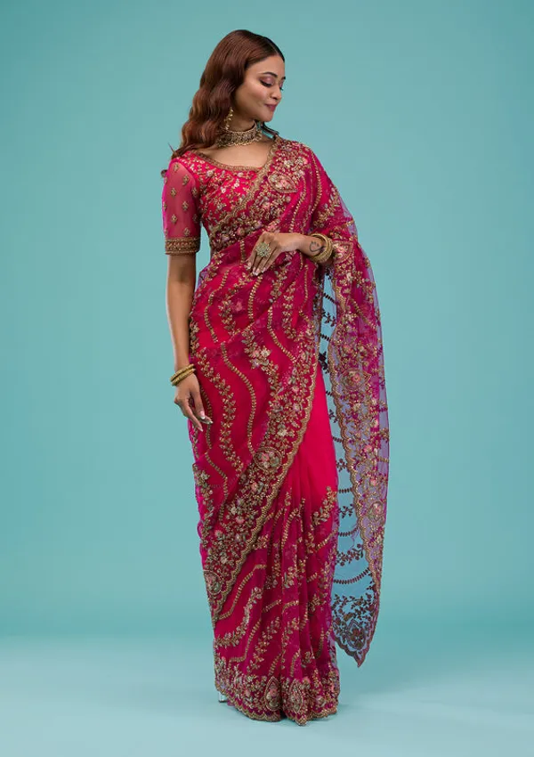 Rani_Pink_Net_Gold_Zariwork_Saree_With_Matching_Blouse_Piece