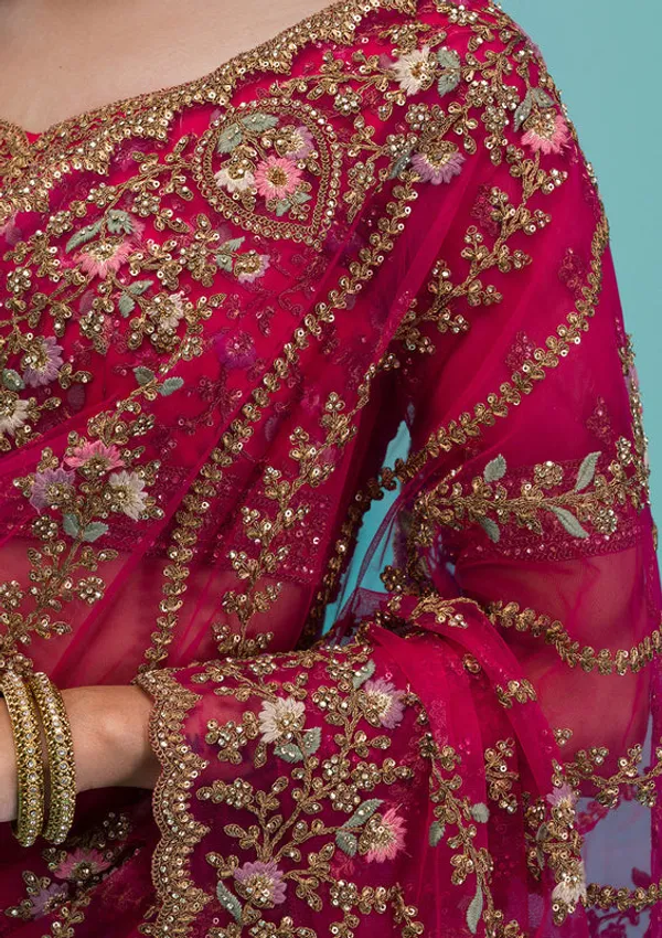 Rani_Pink_Net_Gold_Zariwork_Saree_With_Matching_Blouse_Piece