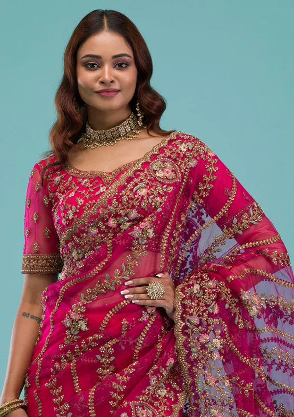 Rani_Pink_Net_Gold_Zariwork_Saree_With_Matching_Blouse_Piece