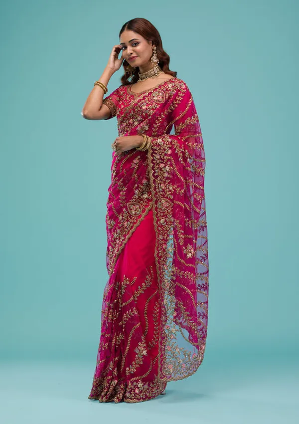 Rani_Pink_Net_Gold_Zariwork_Saree_With_Matching_Blouse_Piece